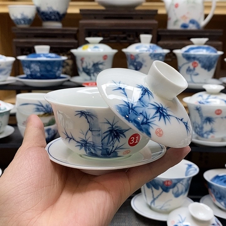 手绘悬停盖碗竹子釉下彩高温瓷微瑕福利款