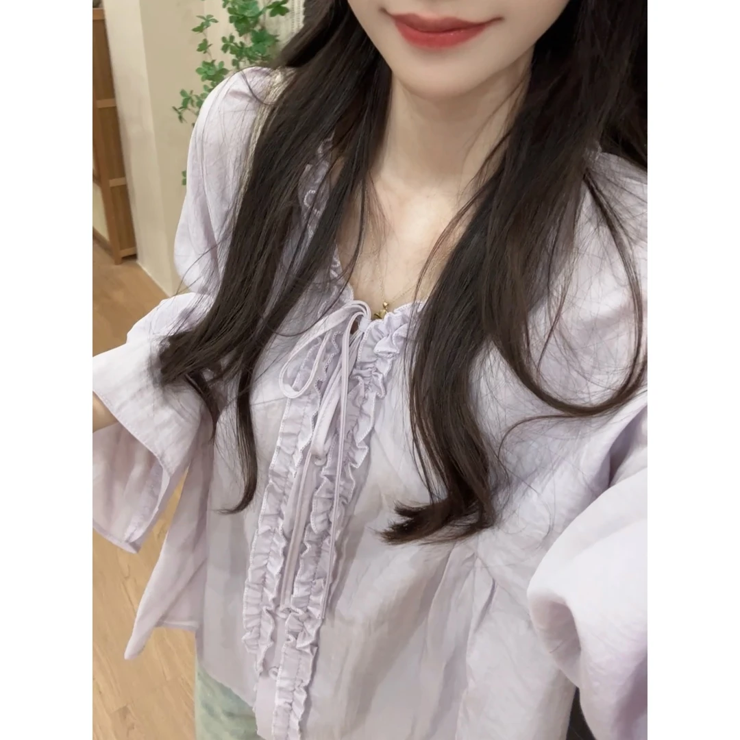 【现货】秋季新款长袖木耳边系带小衫