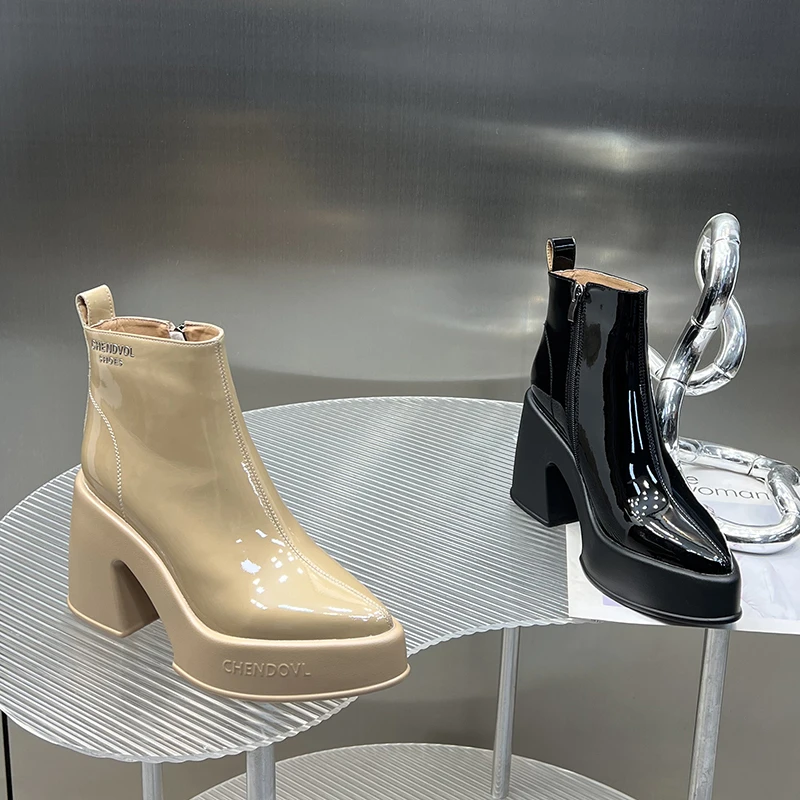 2025女秋冬新款尖头时尚百搭小短靴英伦风显瘦增高粗跟G8369-15