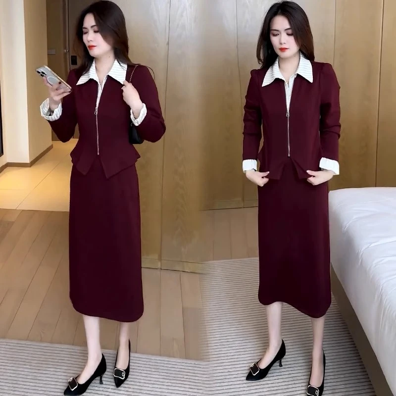 时尚连衣裙套装女2025春季新款洋气显瘦减龄拼接上衣半身裙两件套