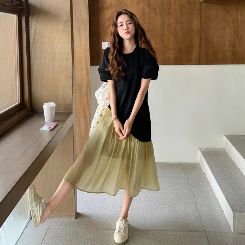 黑色轻熟风雪纺拼接灯笼袖t恤裙新款小个子休闲显瘦圆领连衣裙夏