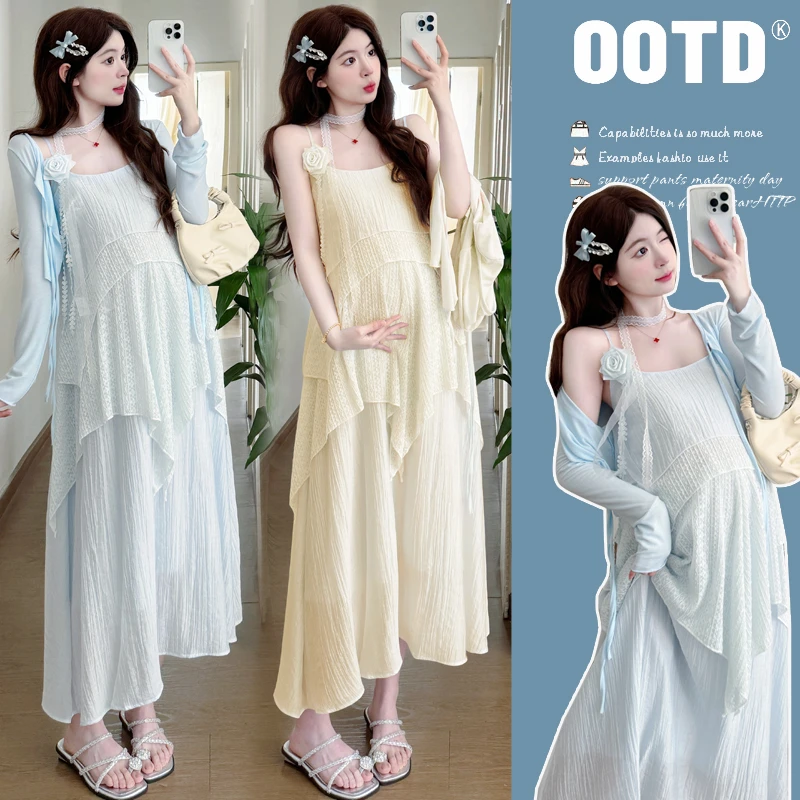 孕妇套装连衣裙2025夏季上新蕾丝拼接吊带连衣裙+披肩外套两件套
