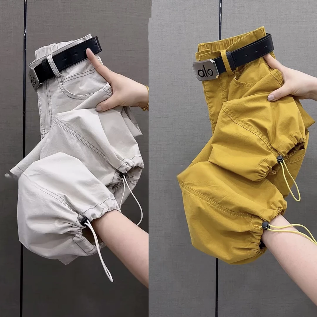 九分裤夏季薄款直筒休闲宽松显瘦束脚哈伦裤高腰裤脚抽绳两用裤子