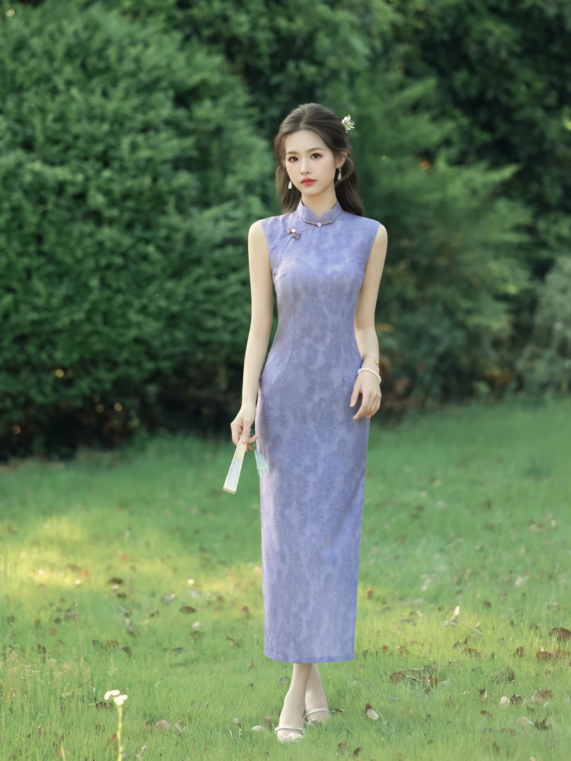 日常无袖复古风新中式纯色旗袍修身紫色中式显瘦国风