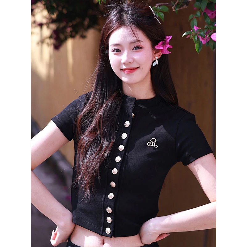 黑色针织短袖开衫女夏季新款金属扣正肩t恤修身显瘦气质短款上衣
