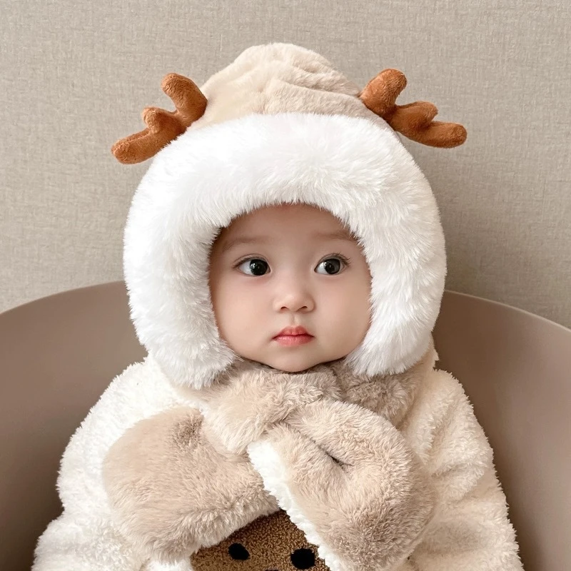 帽子宝宝儿童保暖加厚百搭卡通围巾秋冬季加绒儿童帽子围巾一体冬