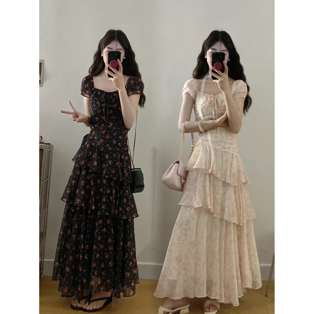 大码 梦境花园夏季小碎花不规则长摆长裙收腰显瘦连衣裙