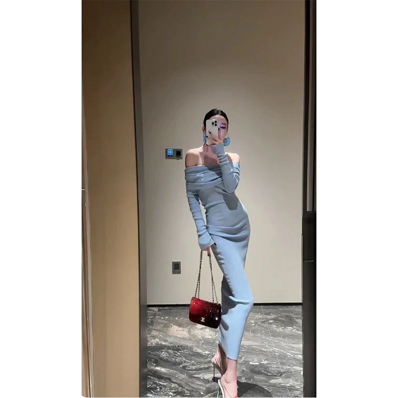 2025春季新款纯欲辣妹风气质一字肩长袖连衣裙女显瘦修身百搭长裙