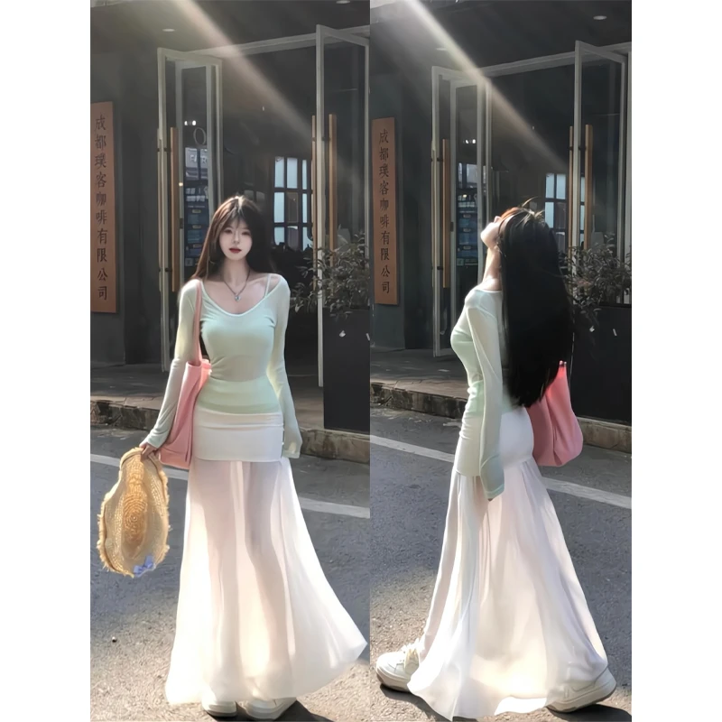 2025春夏季长袖内搭薄款防晒T恤两件套+拼接高腰包臀裙长款半身裙