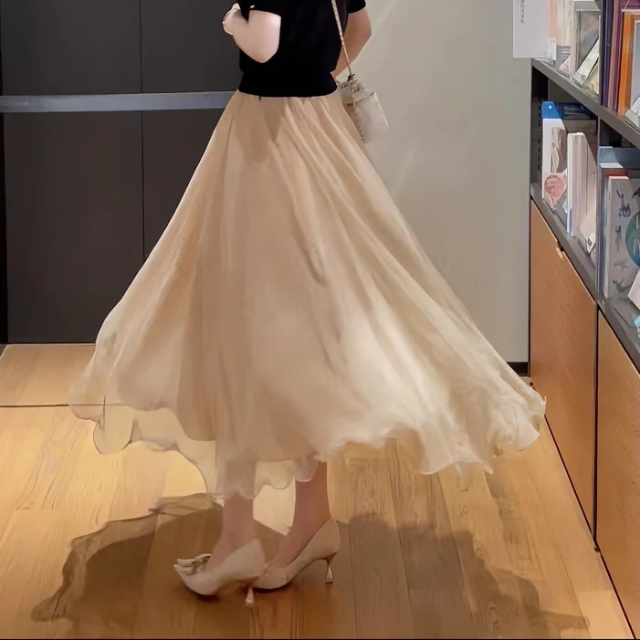 蔡小姐2025年显瘦半身裙气质高腰春夏季新款中长款百搭网纱裙A字