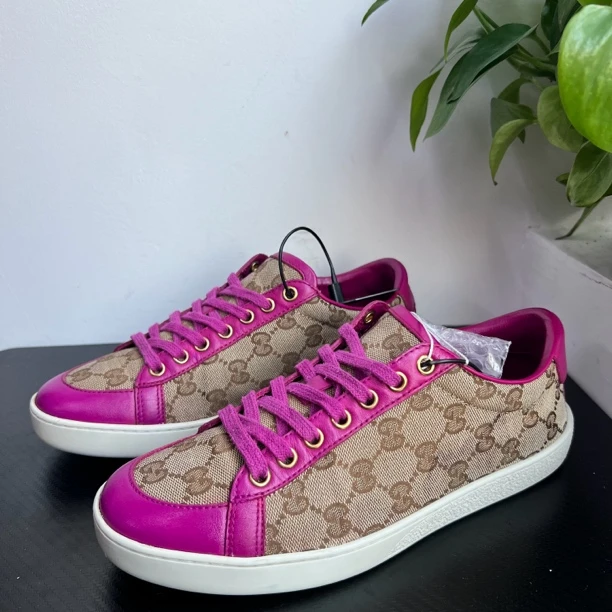 95新 GUCCI/古驰 38欧码棕老花玫红低帮板鞋潮鞋无配件成色自定义