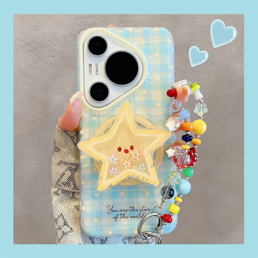 适用华为pura70pro+手机壳韩系ins风薄荷绿格纹pura80pro星星支架