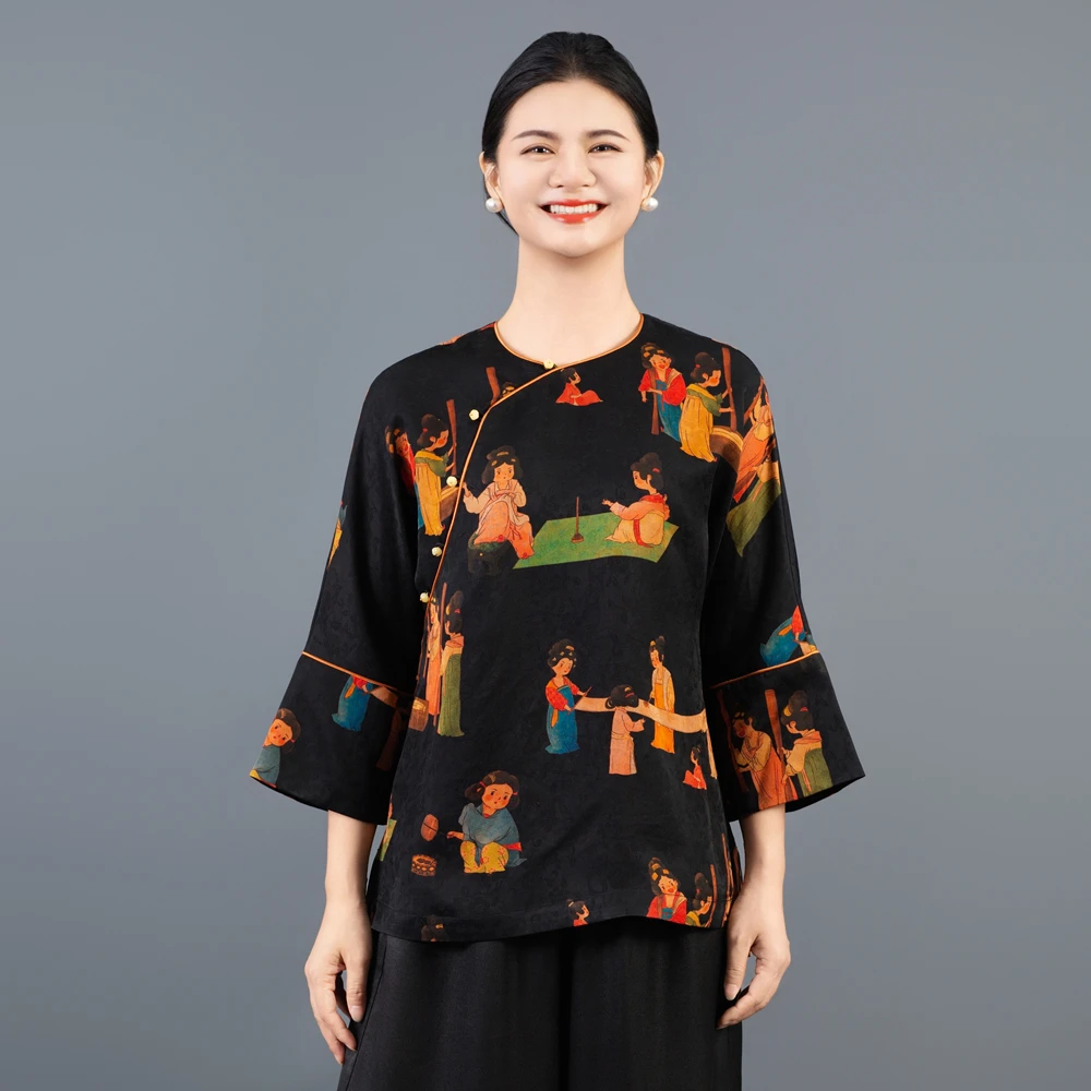 【捣练图】满分桑蚕丝香云纱  经典印花  春夏汉服盘扣上衣250603T