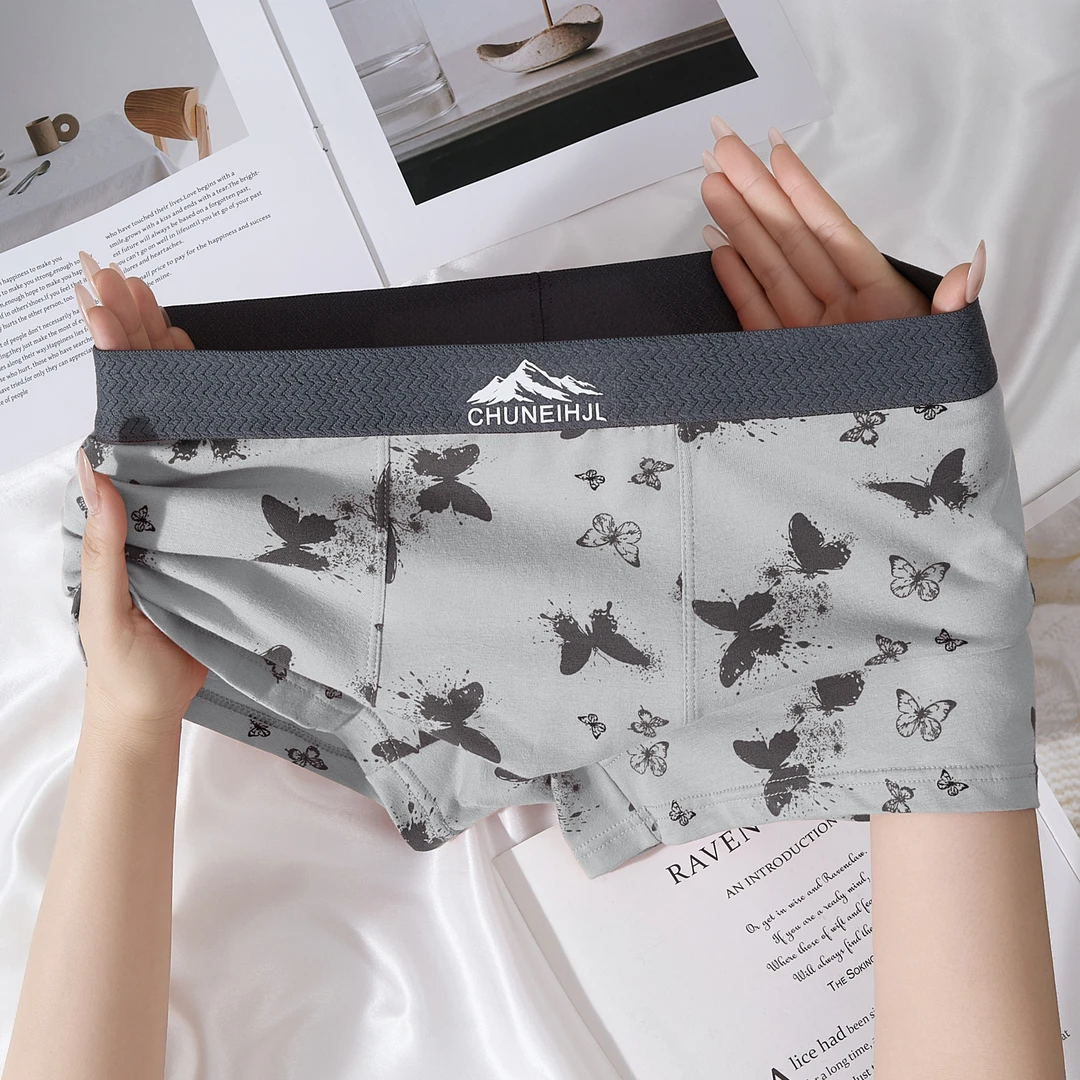2025新款男士内裤男款水墨蝴蝶轻奢平角裤棉质吸汗透气中腰男裤衩