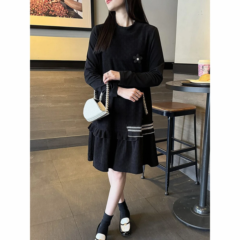 亮丝钉珠拼接圆领连衣裙女2025秋季新款荷叶边宽松显瘦气质a字裙