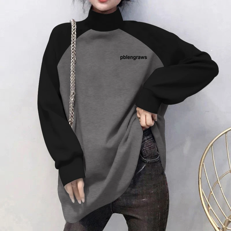 德绒加绒保暖撞色插肩长袖t恤女宽松上衣秋冬打底衫半高领中长款