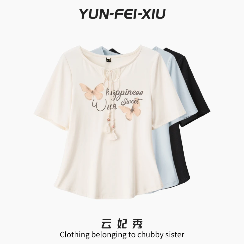 云妃秀大码女装T恤时尚休闲百搭蝴蝶印花微胖显瘦气质夏季64053