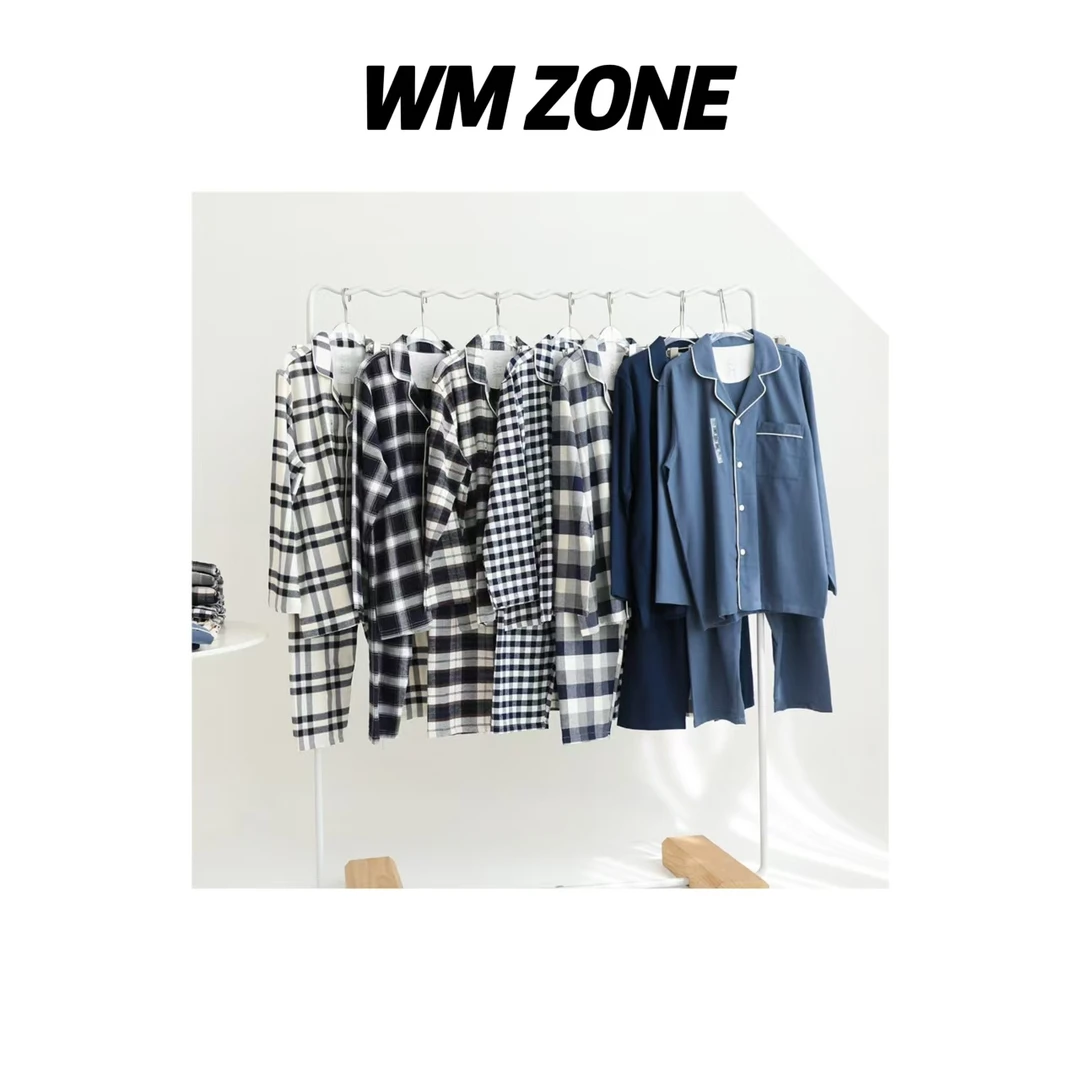 WM  3801 20805 男款格纹磨毛长袖长裤套装