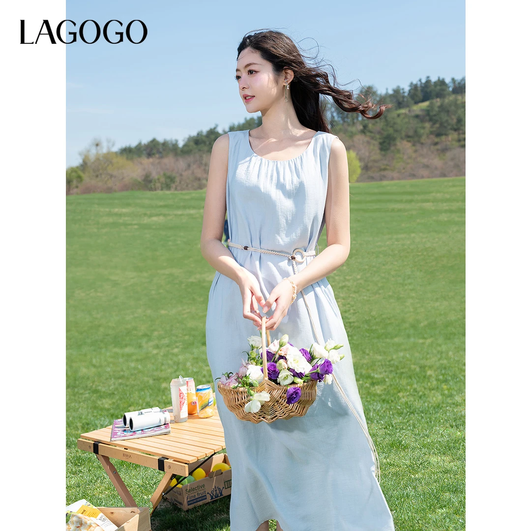 【欧丽专属】lagogo2025年新款度假风显白雾霾蓝系带裙女OALL334GA7