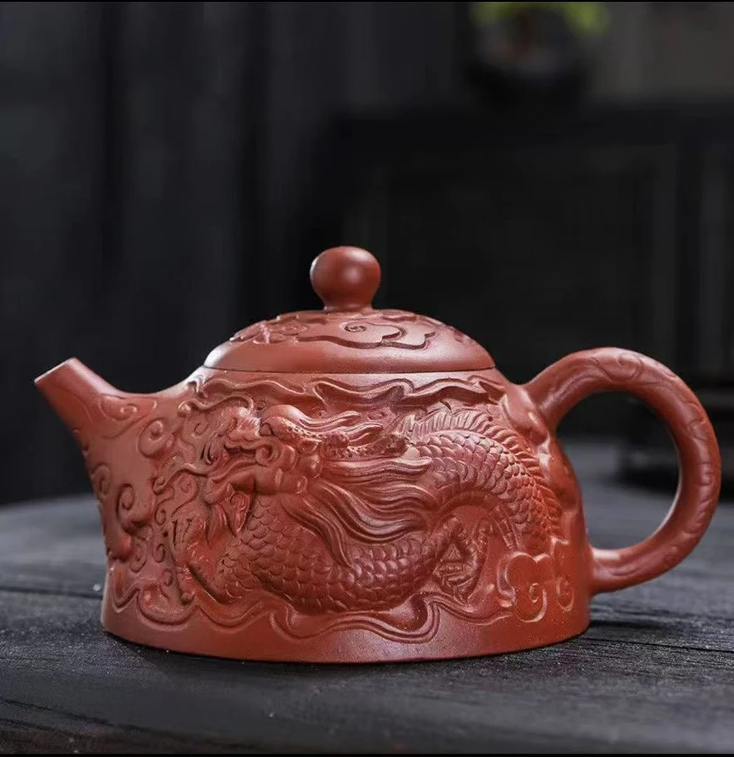 原矿紫砂朱泥满雕龙石瓢