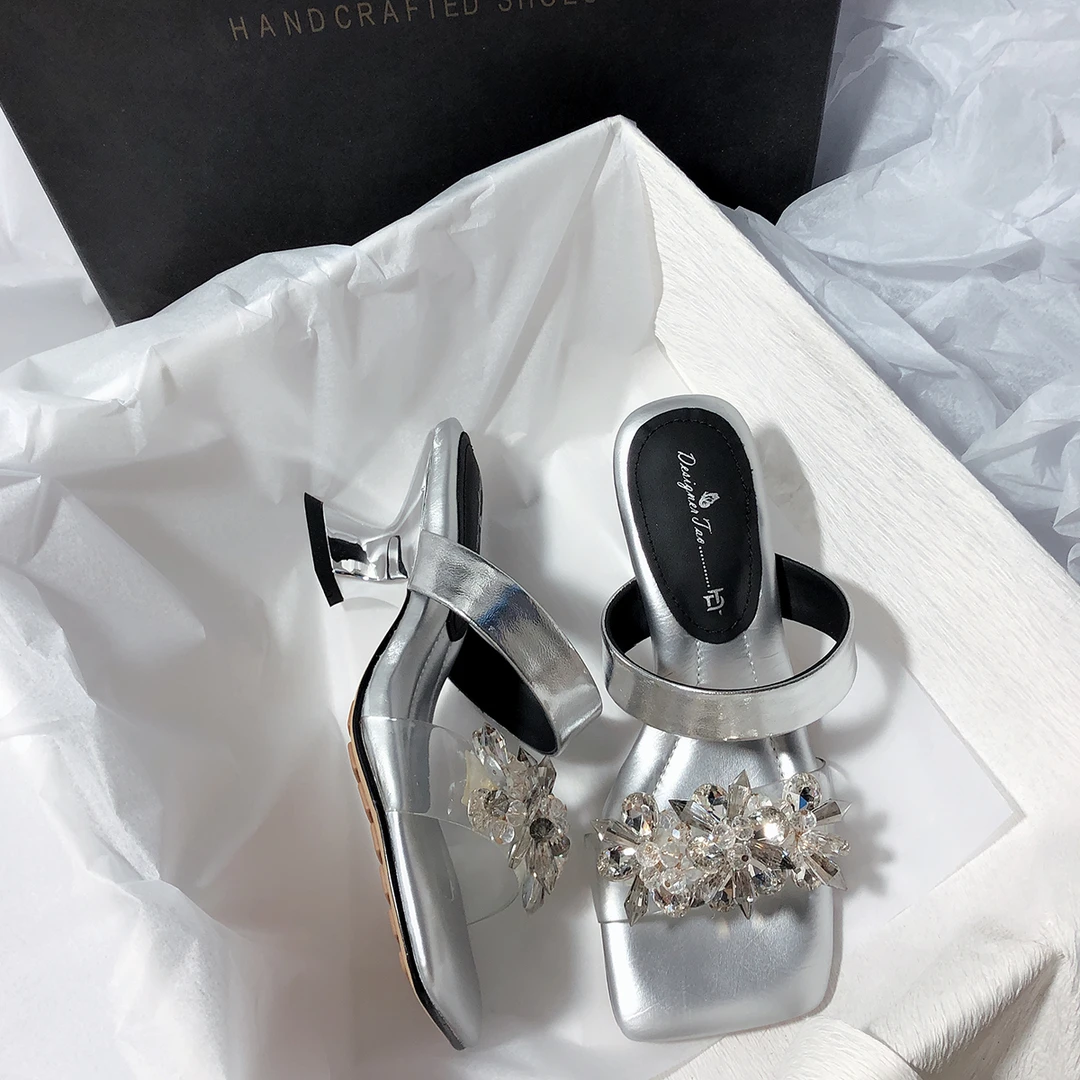 森屿海巷 新款水晶珠花露趾高跟凉鞋绝美网红一脚蹬显瘦拖鞋