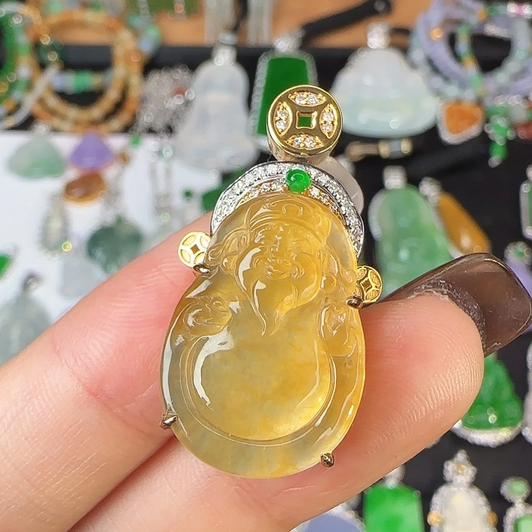 翡翠18K金镶嵌颈饰高冰冰黄翡财神