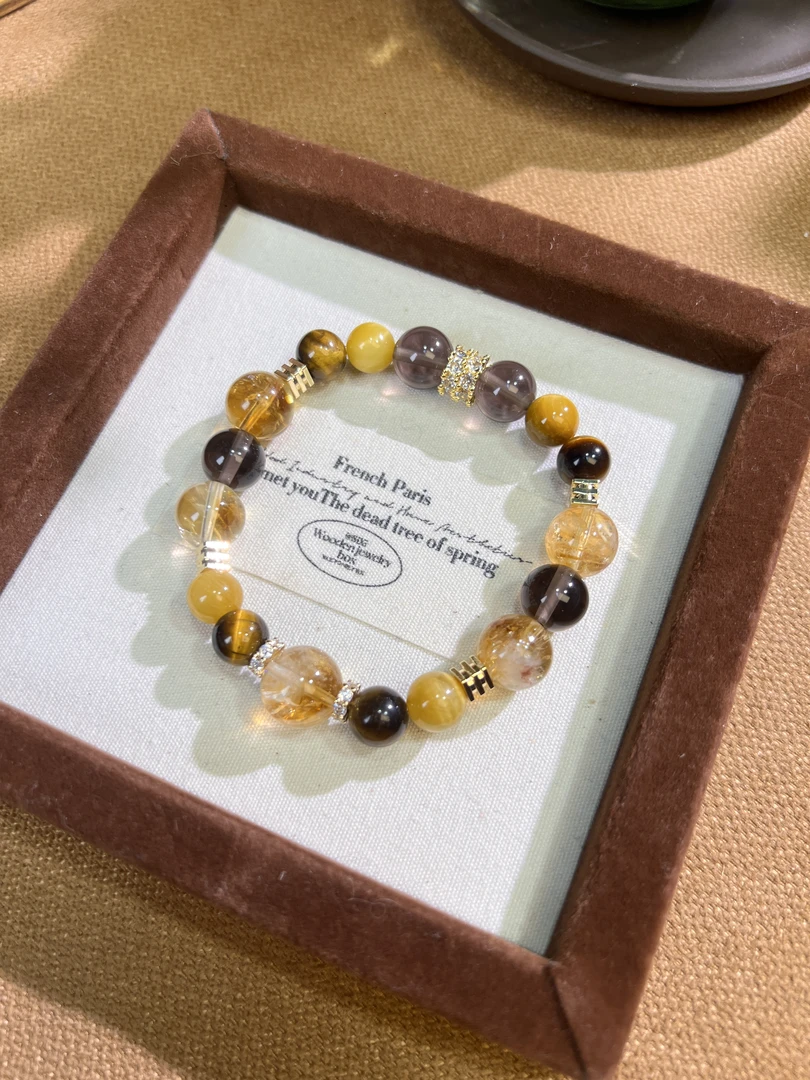 【金霸】黄塔晶+虎眼石+茶晶原创设计天然水晶手串招财水晶手串A69