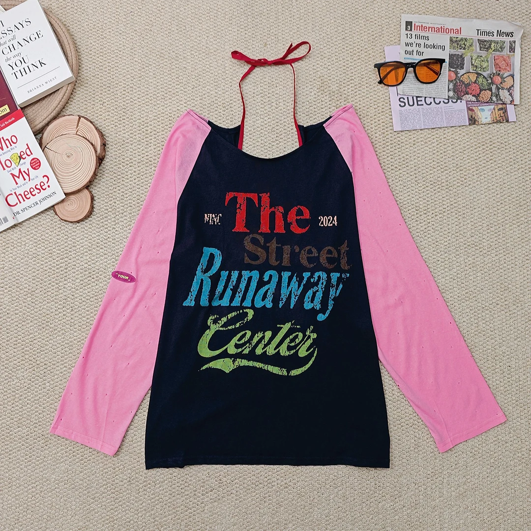 2025夏季新款字母印花拼色破洞挂脖露背防晒长袖T恤2680