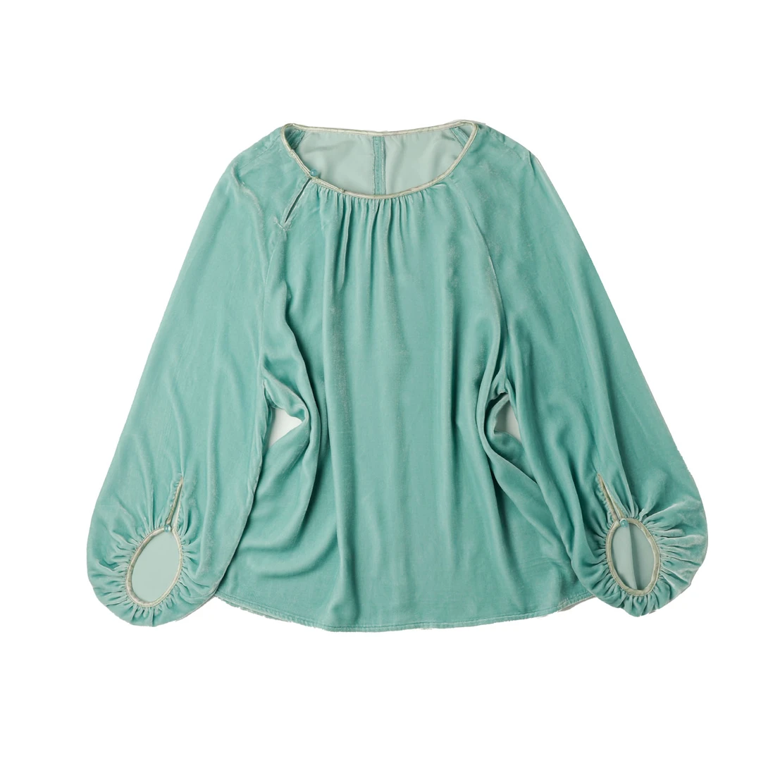 楼兰丝竹灯笼袖显瘦圆领蒂芙尼绿桑蚕丝丝绒上衣SS5523
