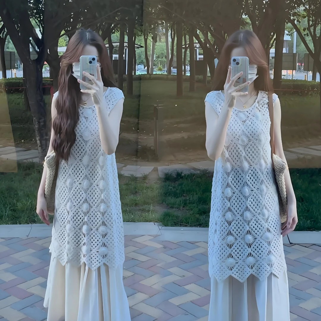 2025显瘦韩系温柔镂空钩花背心蕾丝上衣女无袖吊带裙两件套潮气质