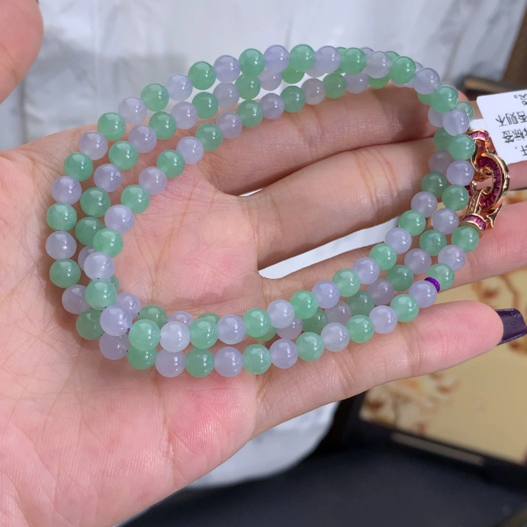 翡翠未镶嵌手串卡5冰胶淡淡紫绿项链