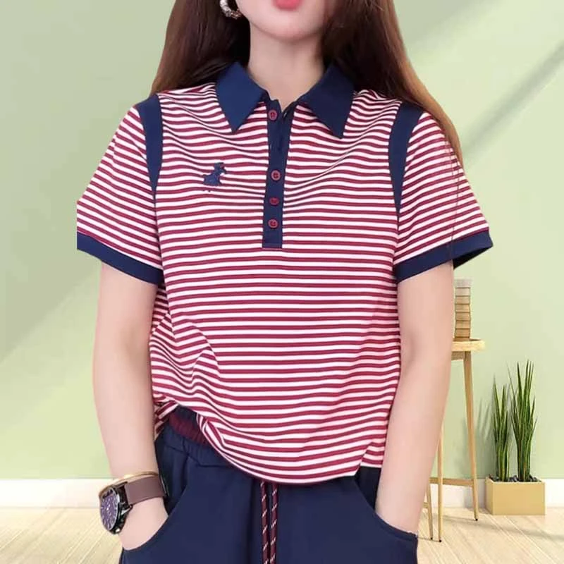 【纯棉】2025夏新款正肩显瘦潮牌百搭小马刺绣条纹撞色Polo短袖女