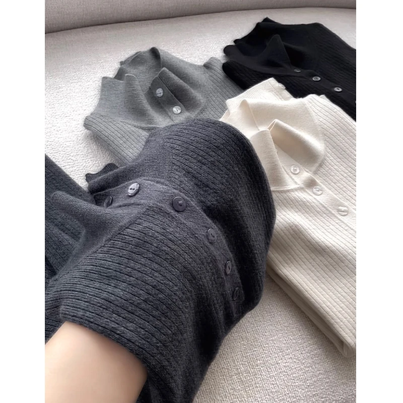 【丹姐家~米白色半高领六粒扣】气质简约针织衫