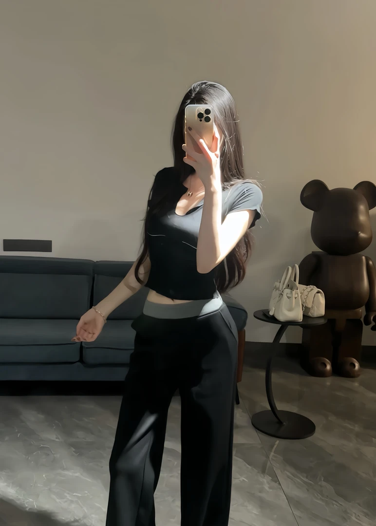 通勤小众高腰长裤阔腿裤垂感薄款拼色微弹力直筒休闲裤套装