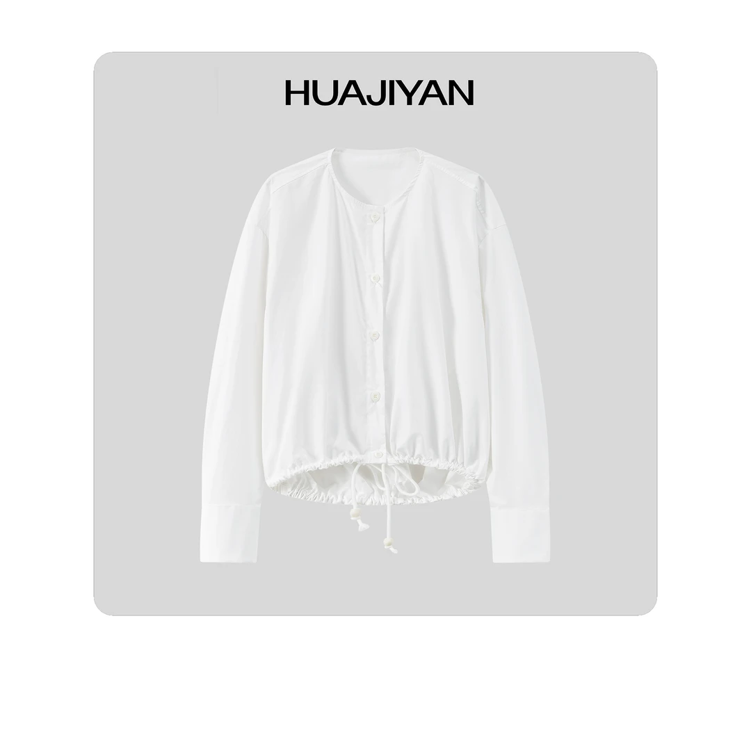 华吉言/HUAJIYAN【海棠】100棉串珠抽绳设计圆领长袖上衣