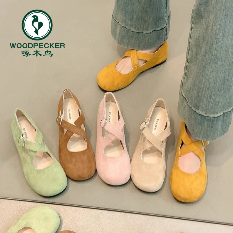 啄木鸟内增高复古芭蕾舞鞋女2025新款爆款交叉时尚圆头玛丽珍女鞋