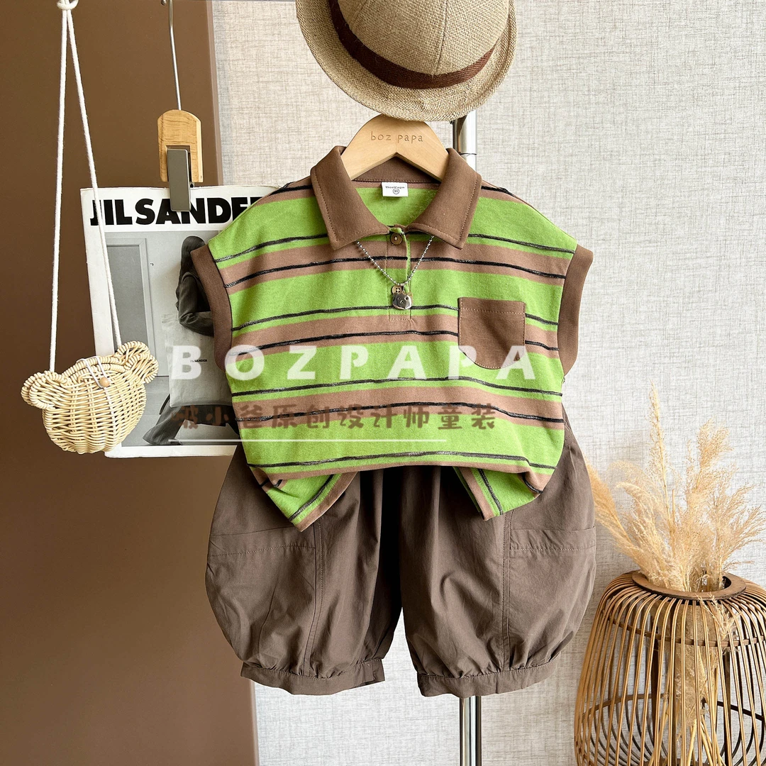 啵小爸【抹茶拿铁】2025夏季男童韩系休闲棕绿色条纹POLO衫套装