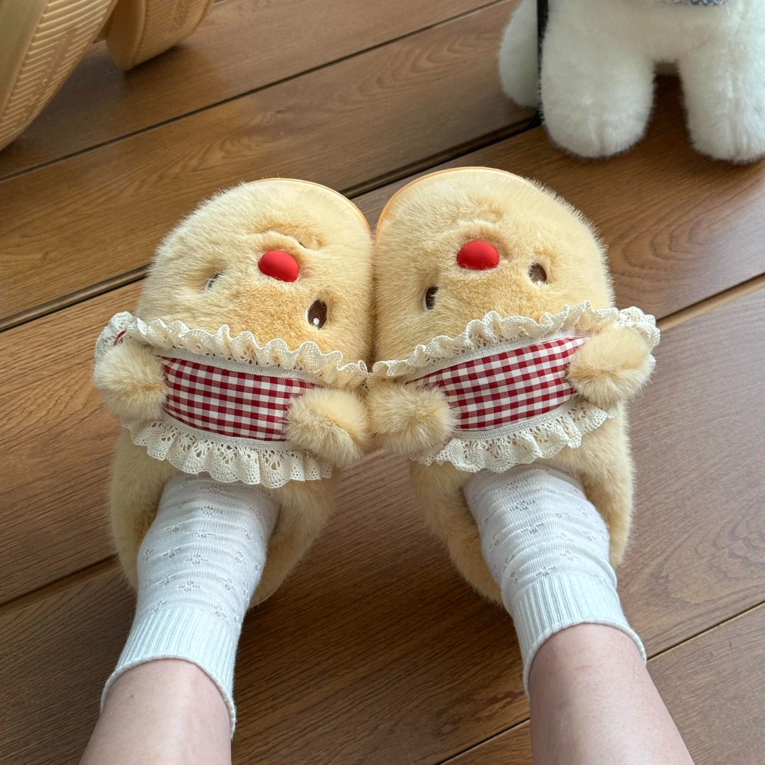 【黄油小熊】卡通可爱软底包头棉拖女2025冬新款居家防滑保暖毛毛拖