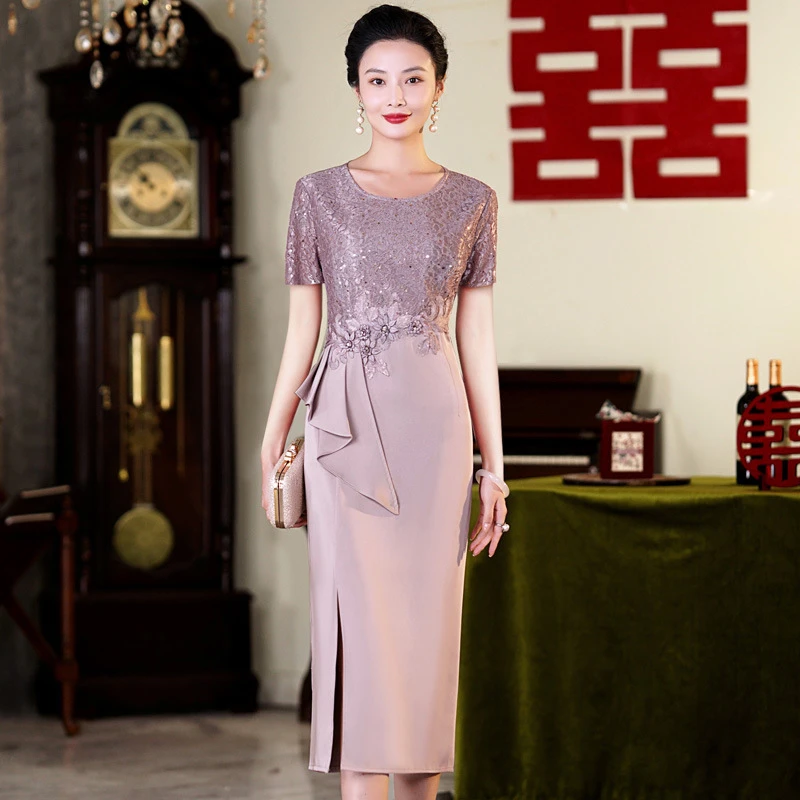 喜婆婆婚宴敬酒晚礼服高贵春夏新款妈妈旗袍亮片连衣裙优雅气质