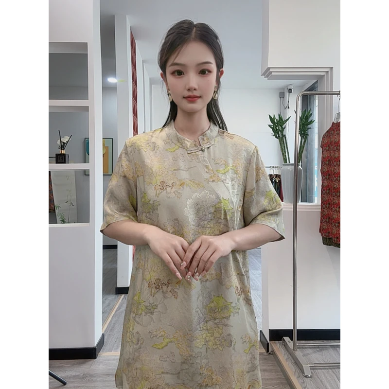 245国风新中式斜襟盘扣短袖提花衬衫女改良旗袍气质开叉中长上衣