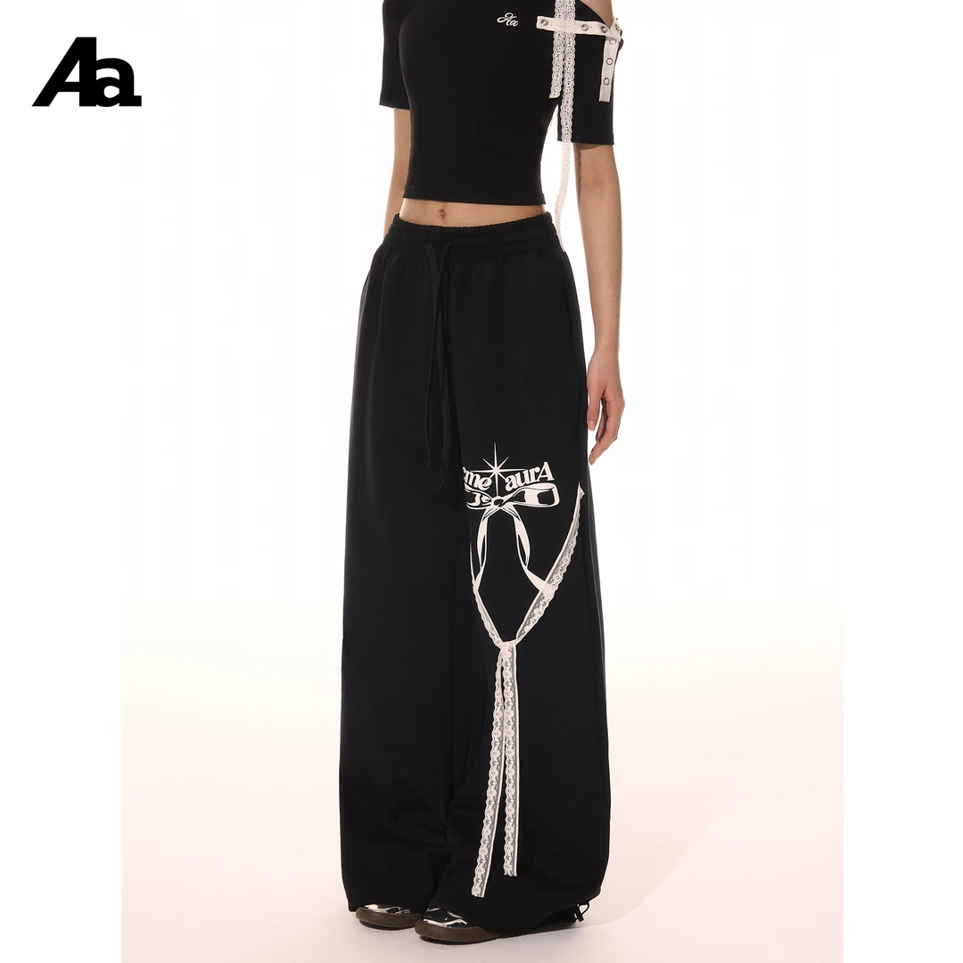 ACMEAURA蕾丝抽绳蝴蝶印花直筒运动卫裤阔腿黑色宽松长裤美式时尚