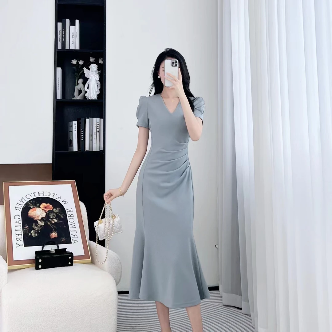 拉夏贝尔夏季青苍清凉法式气质优雅高腰显瘦百搭连衣裙 1555 LQC
