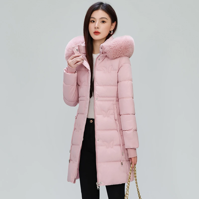 女中长款冬季新款加厚保暖棉袄修身显瘦大毛领棉衣时尚收腰防风