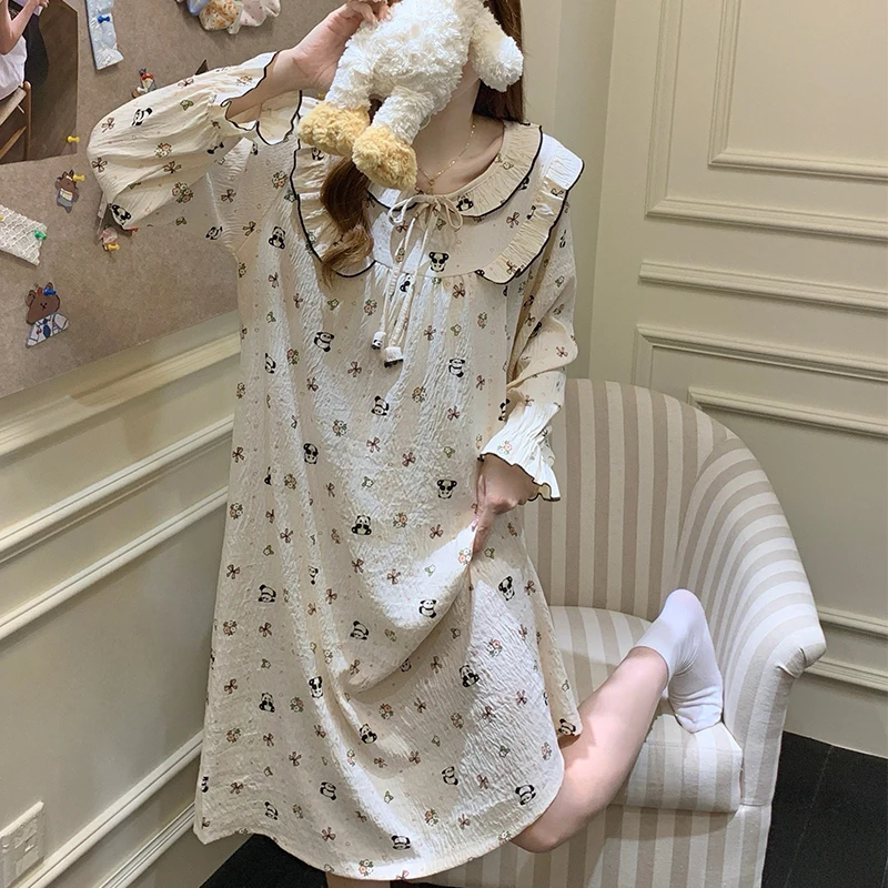 睡裙娃娃领睡衣女款云朵棉春秋季长袖甜美可爱公主风娃娃领家居服