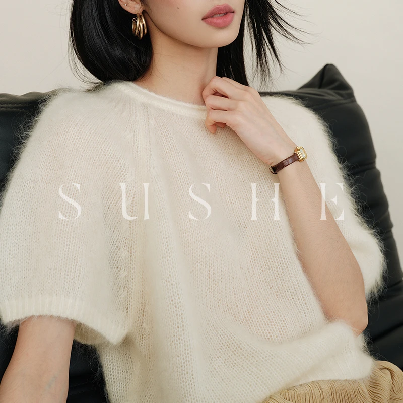 束皙SUSHE奢牌同源超幼马海毛弹力针织镂空30-40岁遮肚子打底上衣