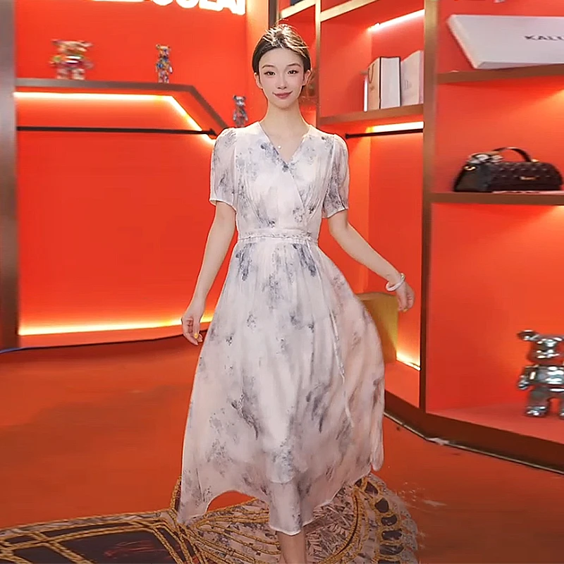 KALUOLAI/卡洛莱气质优雅百搭印花连衣裙夏季新款轻奢水墨画裙子
