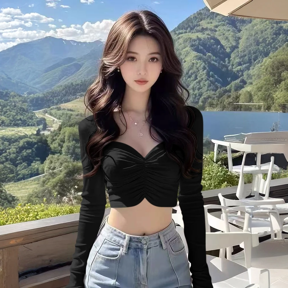 纯欲风辣妹v领褶皱长袖打底衫女春秋款设计感露脐修身短款小上衣