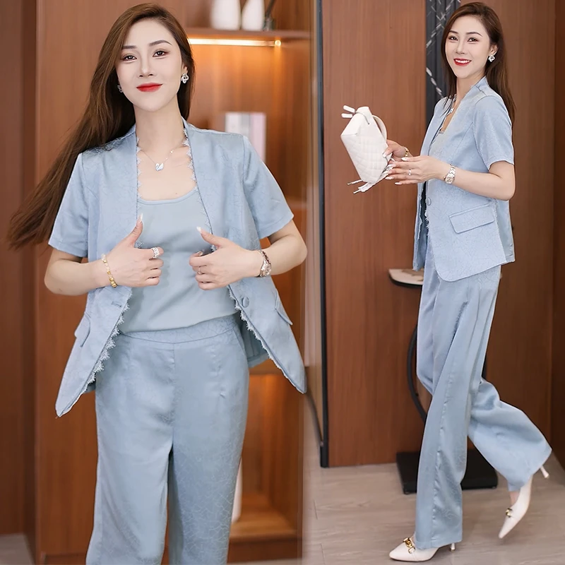 短袖西装套装女2025夏季新款气质显瘦减龄西服外套阔腿裤三件套潮