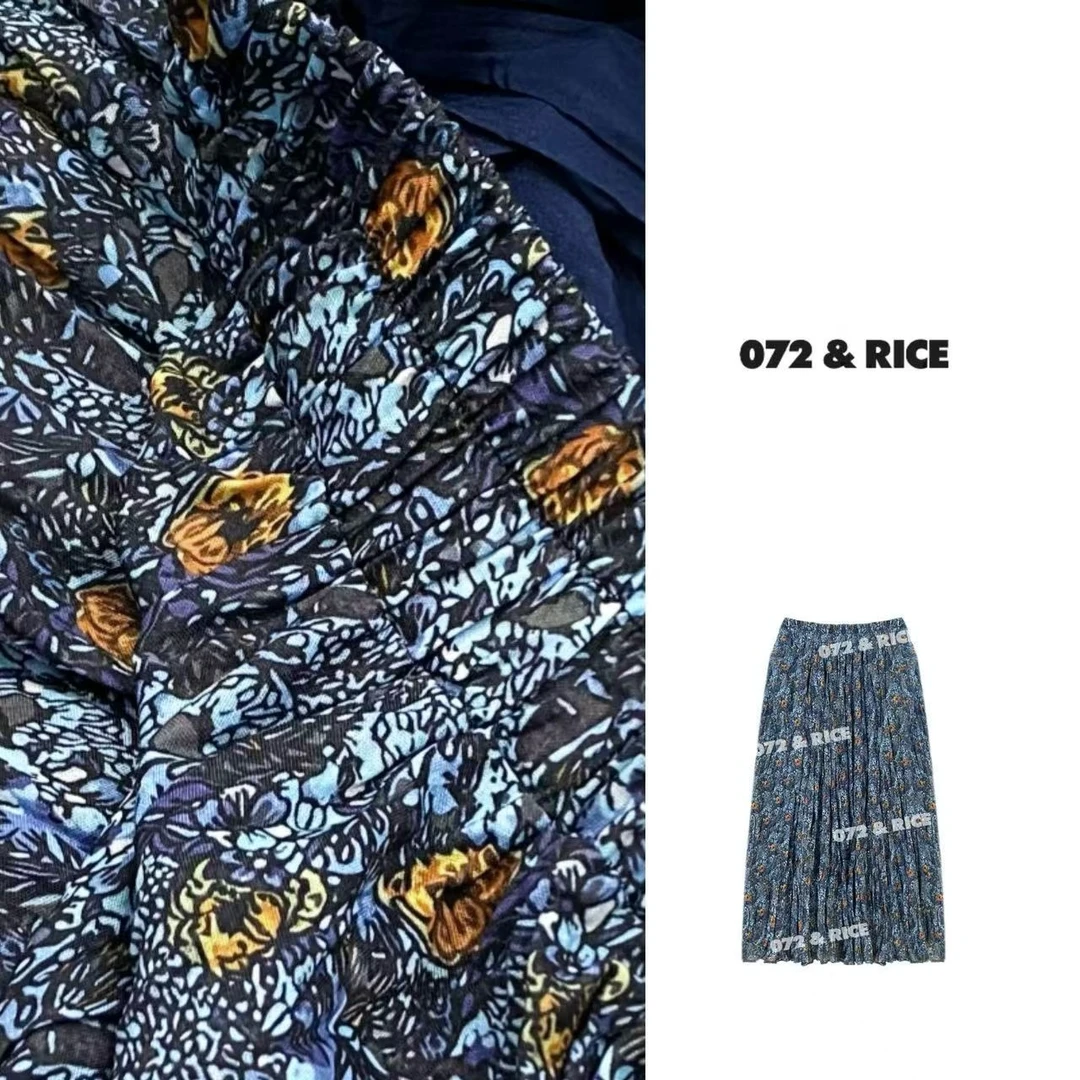 072 & RICE【琉璃裙】夏季休闲松紧腰碎花褶皱半身裙 MZ85375