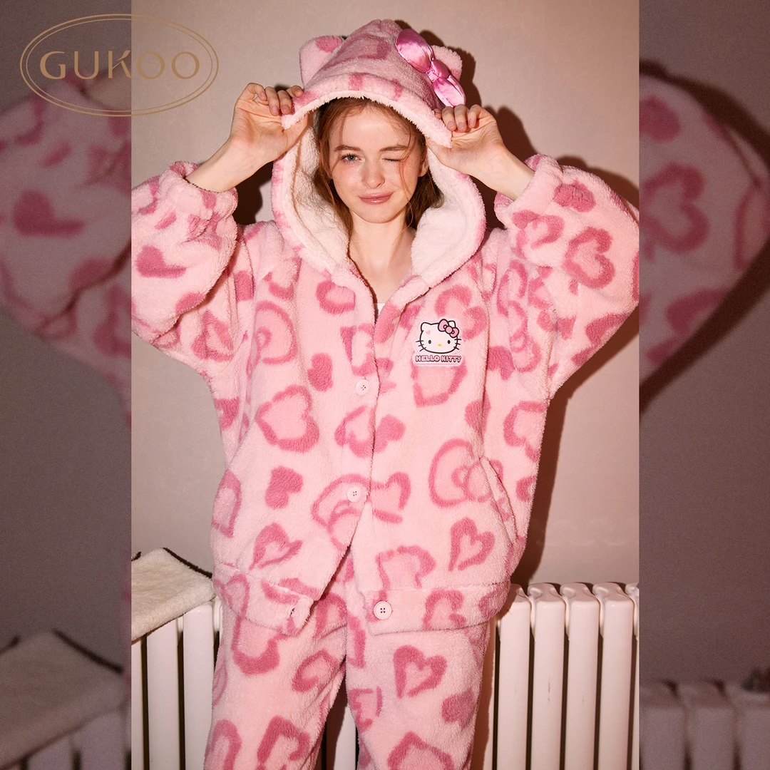 【Gukoo果壳】HelloKitty系列加绒豹纹保暖连帽女士家居服套装